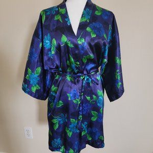 Vintage California Dynasty Satin Spring Kimono Robe USA M Bright Blue Floral